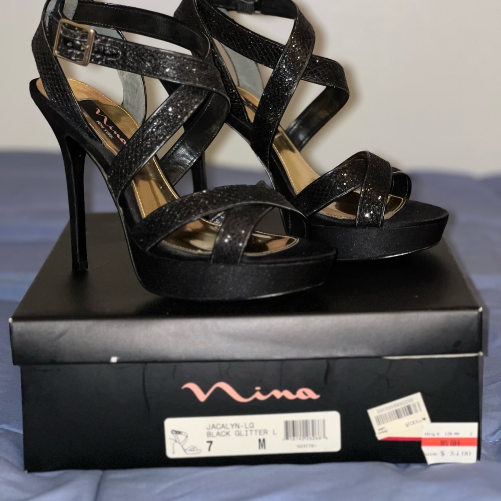 Nina- Jacalyn Black Glitter Platform Stiletto Dress Sandal